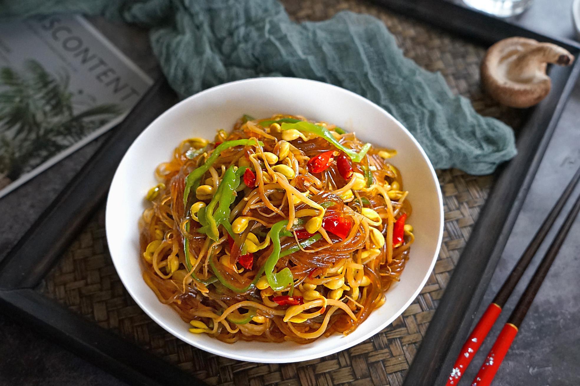豆芽炒粉条,肉沫豆芽炒粉条
